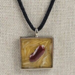 Red Stone Infused Square Pendant Cord Necklace Sterling Silver Lobster Clasp 19"